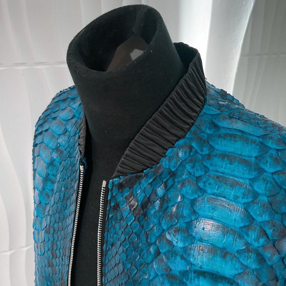 KING Dragon Python Snakeskin Leather Turquoise Blue Bomber Jacket